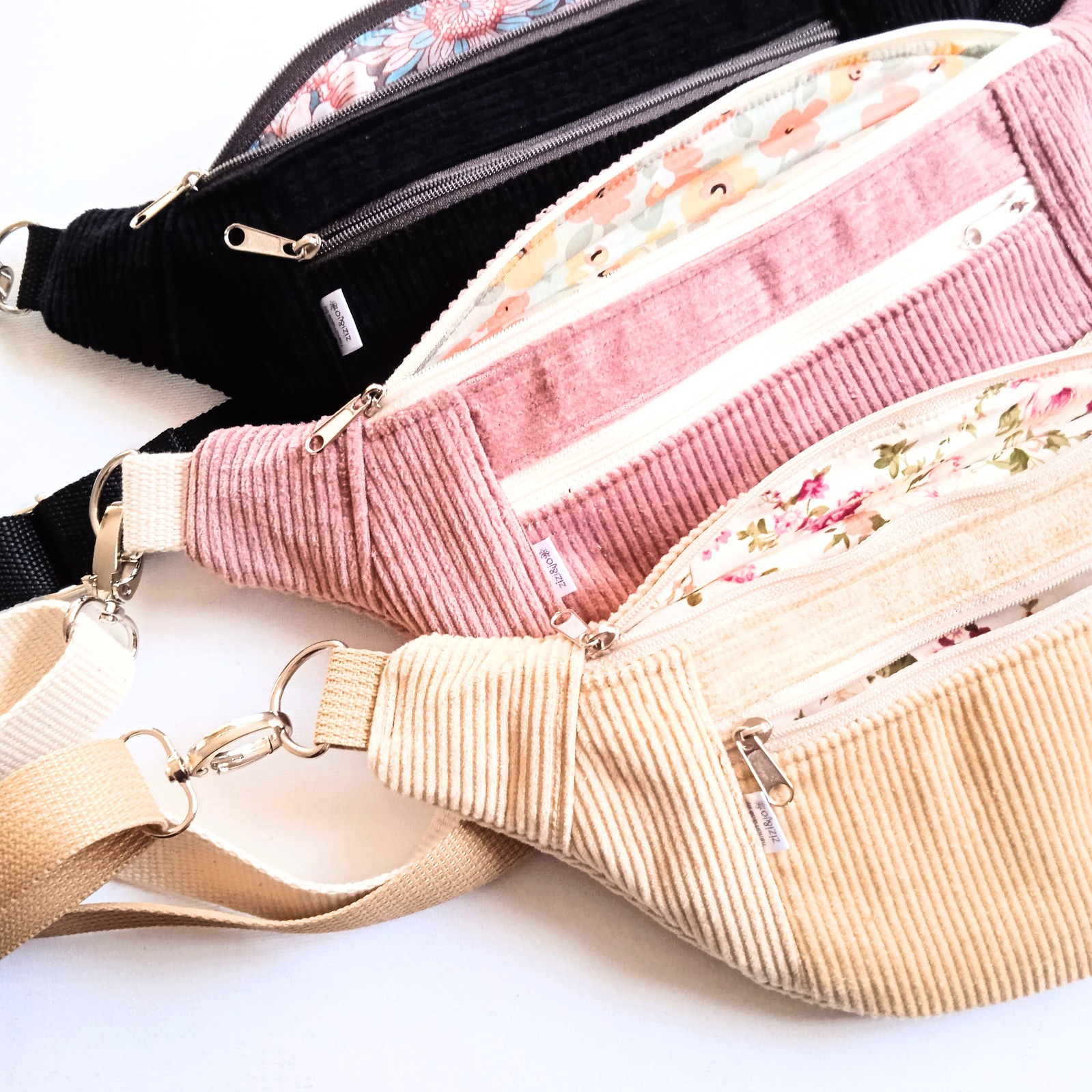 Pink-striped and cream corduroy moonbags with printed cotton linings